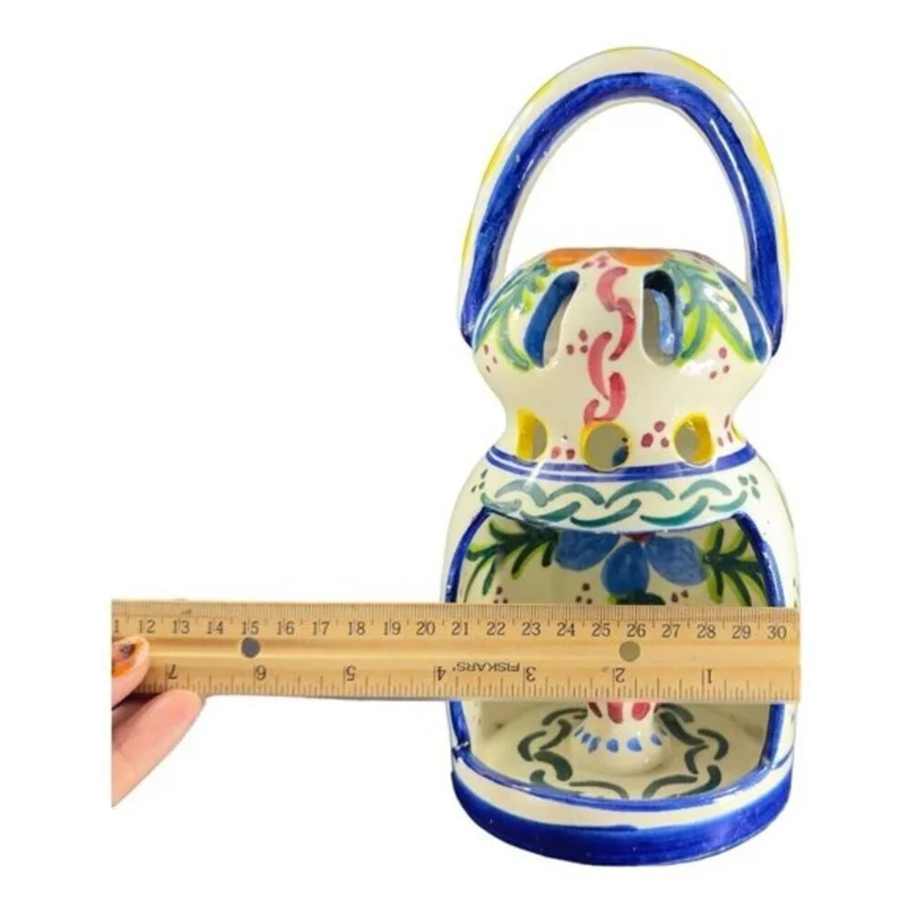Folk‎ Art Pottery Candle Holder W Handle Votive Hand Painted Made In Spain Vtg